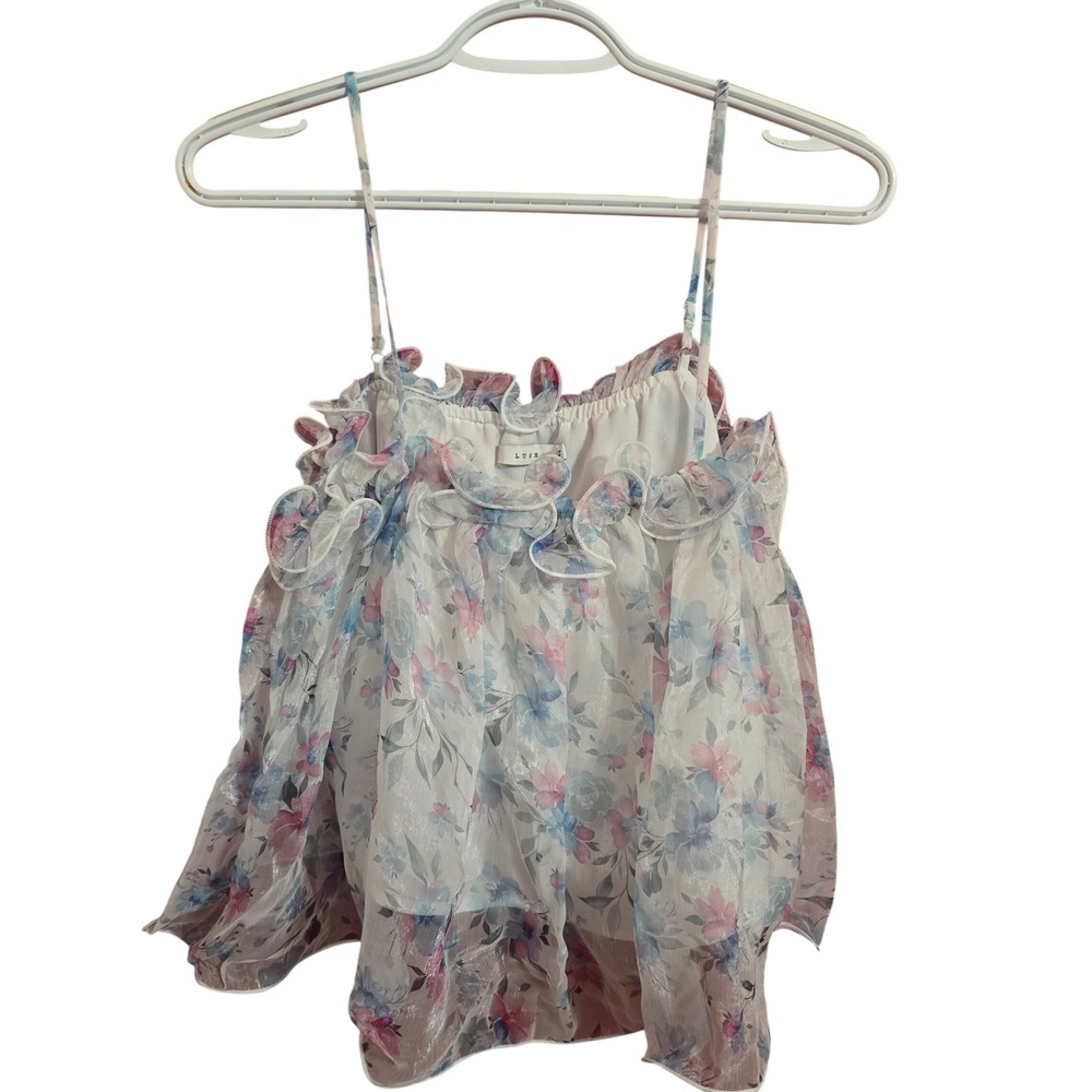 Lush Ivory Blue Pink Floral Ruffle Top Adjustable Straps Romantic Coquette Small